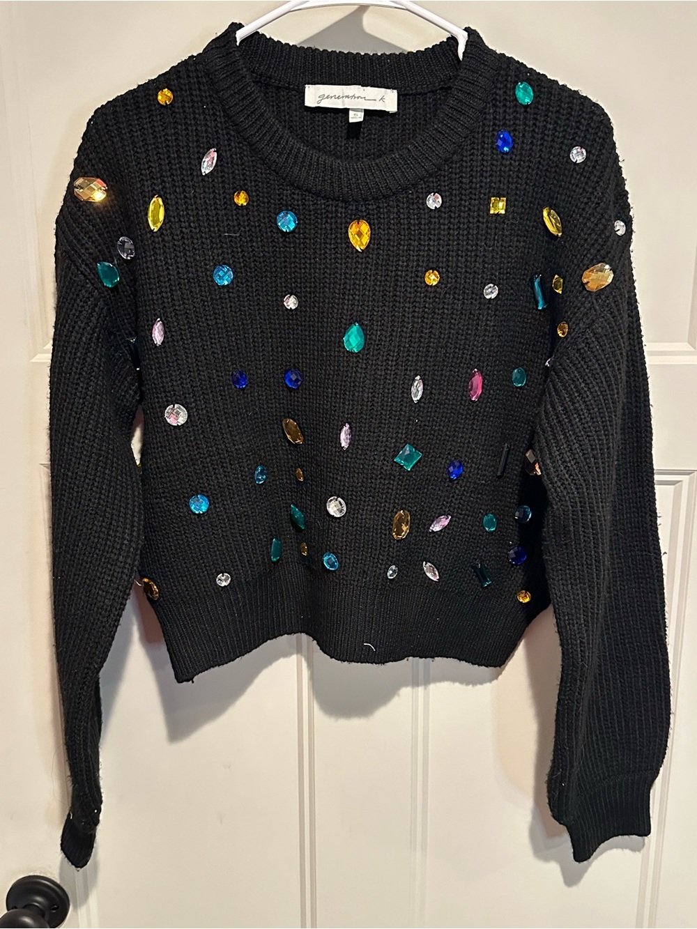 Boutique Embellished Bejeweled Black Crewneck Sweater with Multicolor Gems